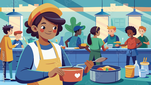 A mixed-race teenager volunteering at a soup kitchen, serving food to those in need with compassion.
