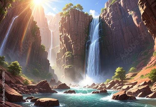 Stylized image of a canyon with a waterfall photo