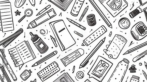 Black and white line drawing of stationery items on the background