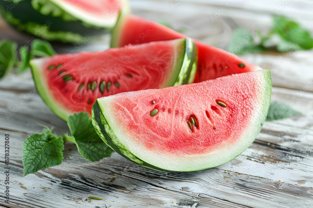 Fresh Watermelon Slices on Rustic Wooden Table Fresh Watermelon Slices on Rustic Wooden Table