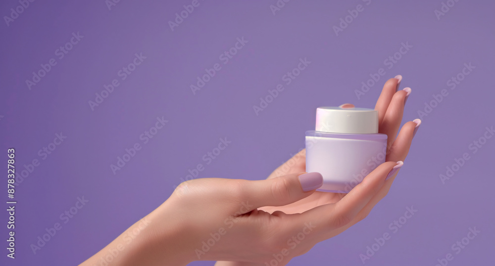 A woman applying hand cream isolated on a purple background with copy space, in a closeup. A high quality photo of beautiful female hands holding white body lotion for skin care A woman applying hand cream isolated on a purple background with copy space, in a closeup. A high quality photo of beautiful female hands holding white body lotion for skin care