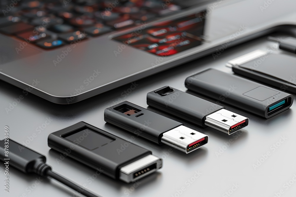 Assorted USB Flash Drives and Laptop on a Modern Workspace Assorted USB Flash Drives and Laptop on a Modern Workspace