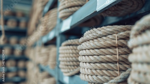 Neatly stacked coils of rope line the shelves in a warehouse, showcasing order, reliability, and the organization of materials for various industrial and maritime uses.