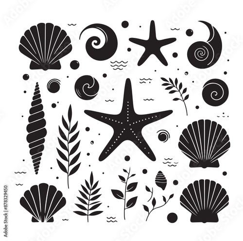 Set of different black sea shells and starfish vector illustration