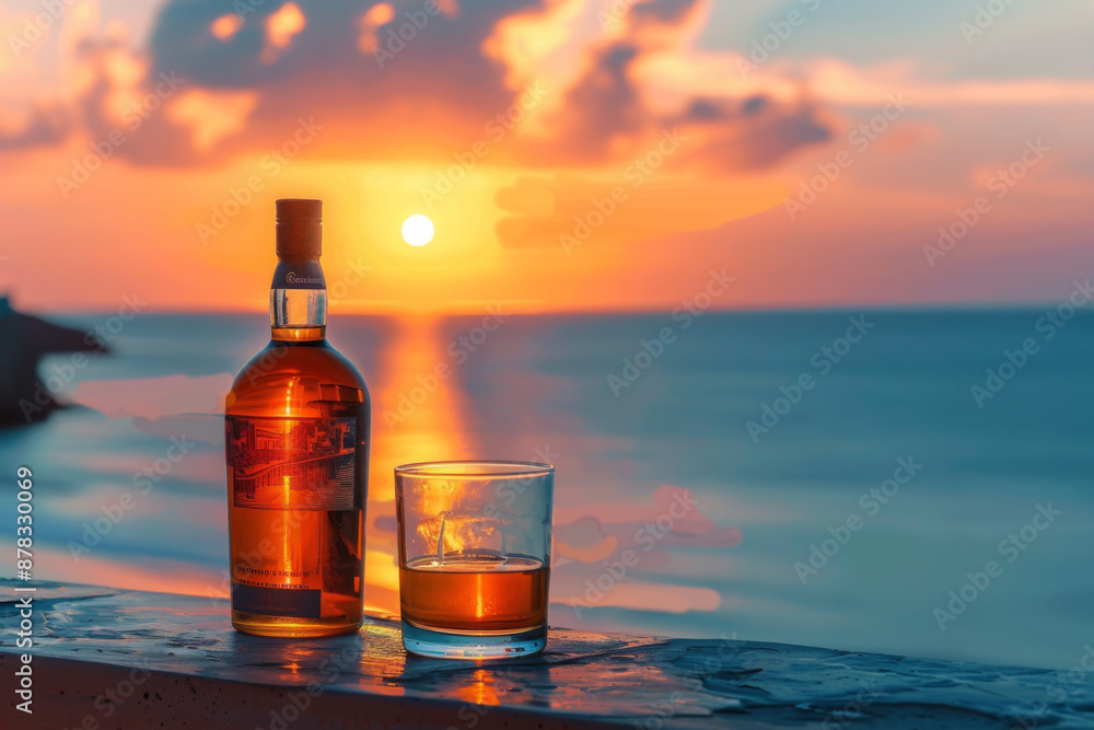 Bottle and glass of Whisky on a table with beach sea and sunset in background Bottle and glass of Whisky on a table with beach sea and sunset in background