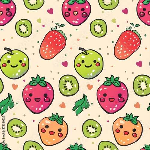 Seamless pattern of cute cartoon fruits with happy faces