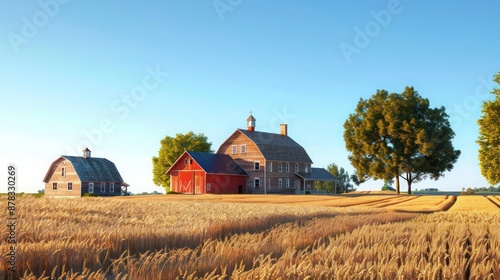 traditional suburban farmhouse with a large red barn adjacent, set in a field of golden wheat under a clear blue sky