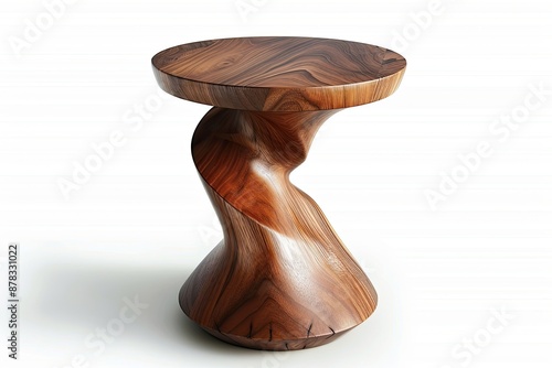Unique wooden table with a spiraling base photo