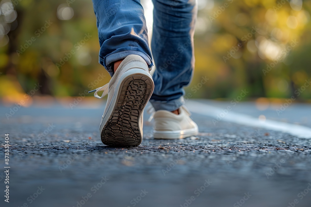 Close-Up of Person Walking on a Road in Casual Sneakers Close-Up of Person Walking on a Road in Casual Sneakers