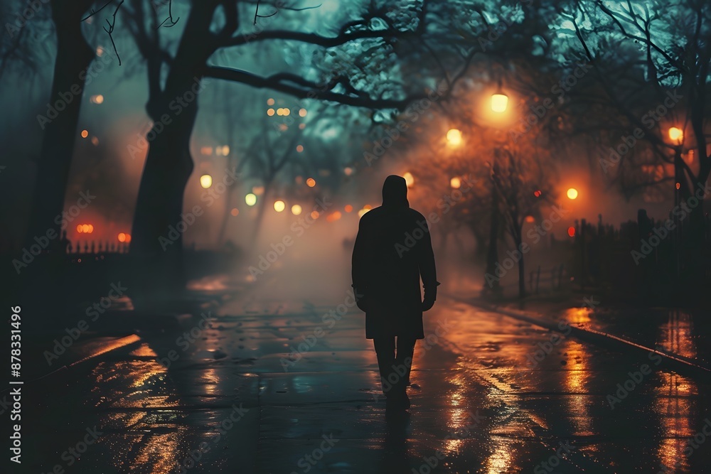 Solitary Figure Walking Through a Misty, Lamp-Lit Park at Night Solitary Figure Walking Through a Misty, Lamp-Lit Park at Night