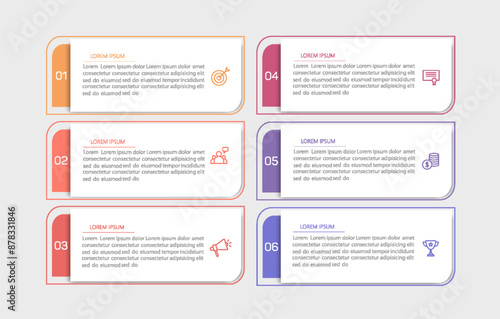 Business vector infographic design template with icons and 6 options or steps. Can be used for process diagram, presentations, workflow layout, banner, flow chart, info graph