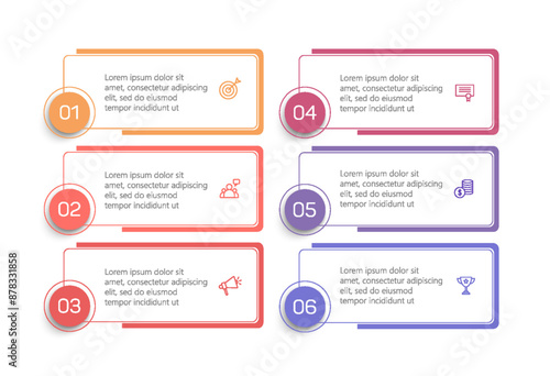 Business vector infographic design template with icons and 6 options or steps. Can be used for process diagram, presentations, workflow layout, banner, flow chart, info graph