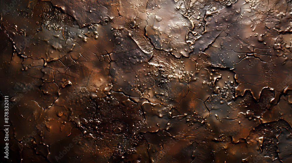 Fototapeta premium Close-up of a rugged, textured metallic surface with shades of bronze and copper.