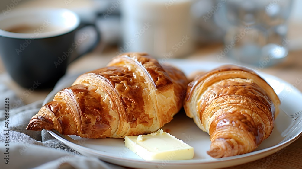 A close up of two fresh croissants on an elegant white plate, accompanied by butter for spreading. adding to the morning breakfast scene. A close up of two fresh croissants on an elegant white plate, accompanied by butter for spreading. adding to the morning breakfast scene.