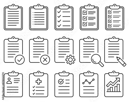 Checklist icon set. Notepad with completed to-do list. Set of vector linear signs. Project management with To do list. Checked and approved symbols. Editable stroke.