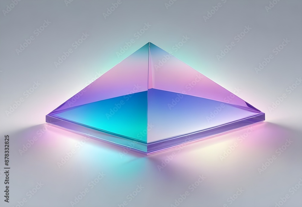 A large, transparent blue purple pink and green pyramid-shaped object with a blue and brown gradient effect, floating against a light gray background A large, transparent blue purple pink and green pyramid-shaped object with a blue and brown gradient effect, floating against a light gray background