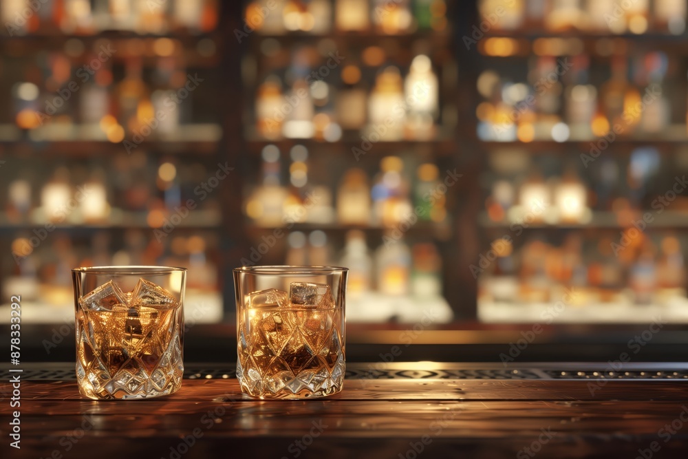 Close-up of two crystal whiskey glasses with ice cubes on a wooden bar, set in a warm, inviting bar atmosphere with soft lighting.
Close-up of two crystal whiskey glasses with ice cubes on a wooden bar, set in a warm, inviting bar atmosphere with soft lighting.