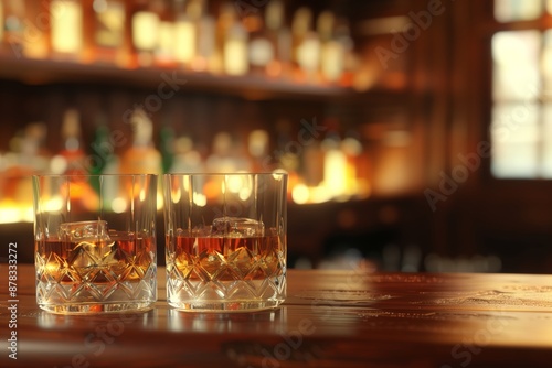 Close-up of two whiskey glasses with ice cubes on a dimly lit bar counter, surrounded by a warm, inviting atmosphere. 