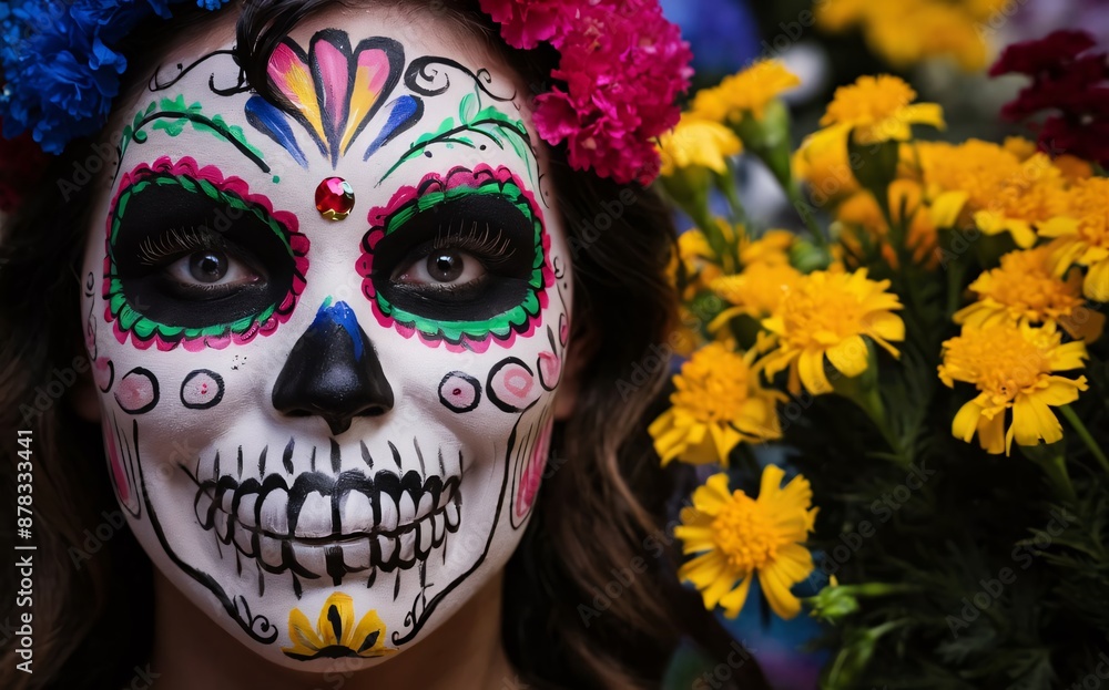 Face Painting A detailed close-up of a person’s face painted as a sugar skull, with vibrant colors and intricate designs, surrounded by marigolds Face Painting A detailed close-up of a person’s face painted as a sugar skull, with vibrant colors and intricate designs, surrounded by marigolds