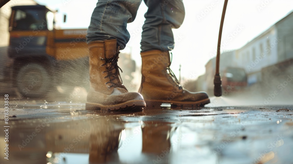 A man in work boots and jeans using high pressure water to clean the pavement at home on a sunny day A man in work boots and jeans using high pressure water to clean the pavement at home on a sunny day