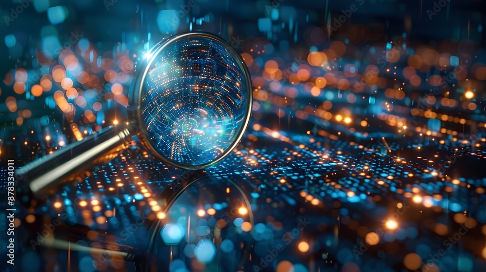 A magnifying glass over digital data, representing the inspecting and analyzing of information in cyber security or business analytics. A magnifying glass over digital data, representing the inspecting and analyzing of information in cyber security or business analytics.