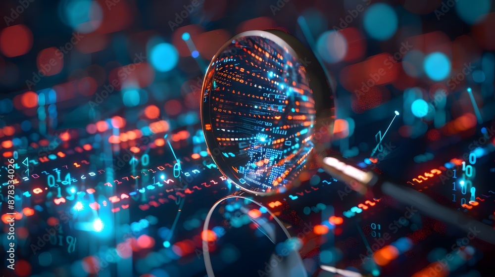 A magnifying glass over digital data, representing the inspecting and analyzing of information in cyber security or business analytics. A magnifying glass over digital data, representing the inspecting and analyzing of information in cyber security or business analytics.