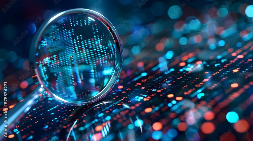 A magnifying glass over digital data, representing the inspecting and analyzing of information in cyber security or business analytics. A magnifying glass over digital data, representing the inspecting and analyzing of information in cyber security or business analytics.