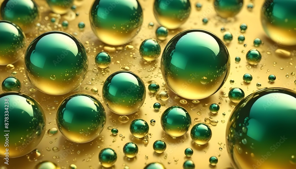 Emerald green spherical droplets of various sizes floating against a green background Emerald green spherical droplets of various sizes floating against a green background