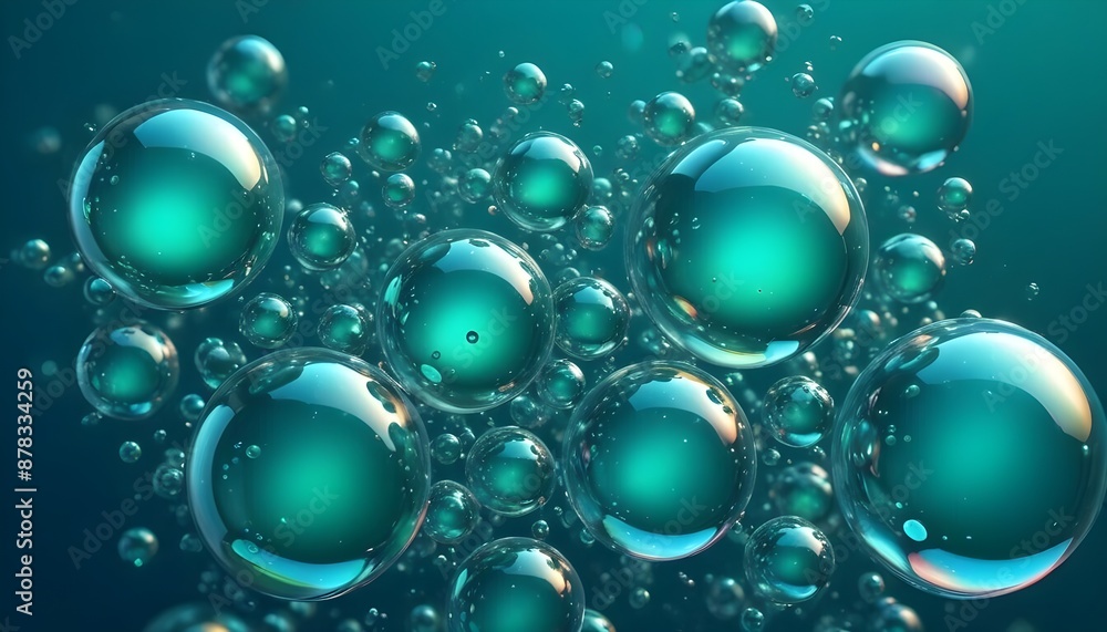 Emerald green spherical droplets of various sizes floating against a green background Emerald green spherical droplets of various sizes floating against a green background