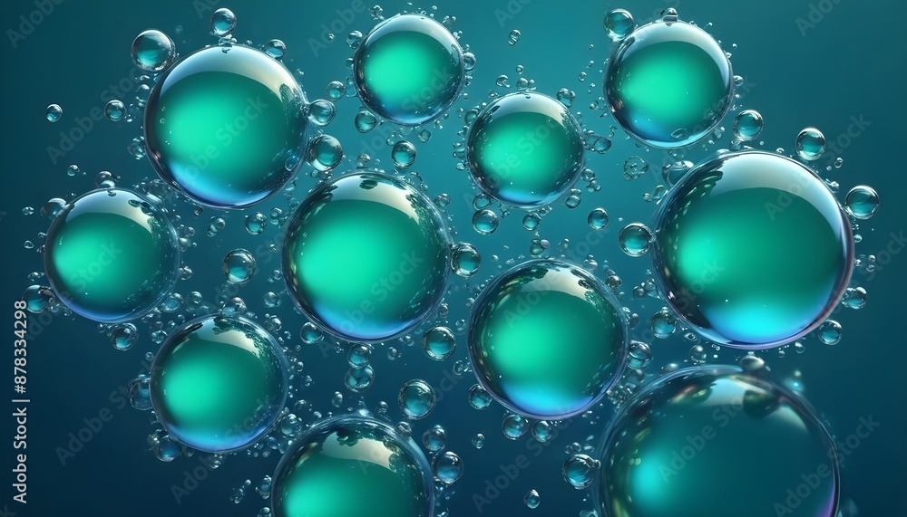Emerald green spherical droplets of various sizes floating against a green background Emerald green spherical droplets of various sizes floating against a green background