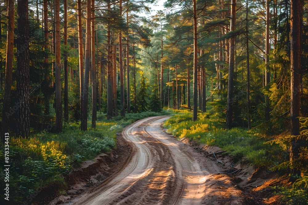 Fototapeta premium Serene Forest Pathway Winding Through Tall Pine Trees