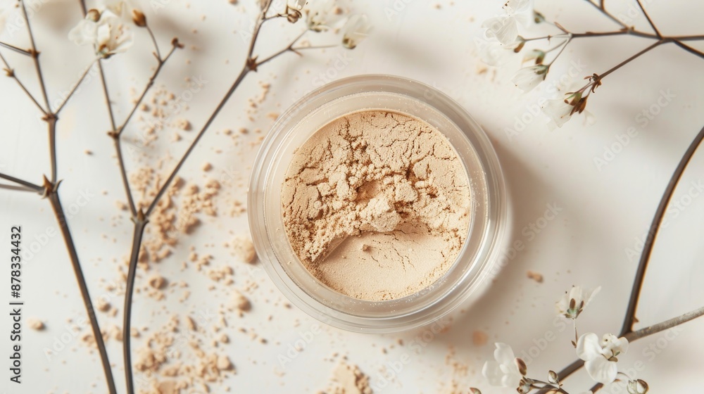 Top view of neutral face powder on light background flat layout High quality image showcasing powder texture Top view of neutral face powder on light background flat layout High quality image showcasing powder texture