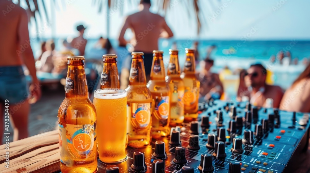 Beer bottles and DJ mixer on a sunny beach, people in background Beer bottles and DJ mixer on a sunny beach, people in background