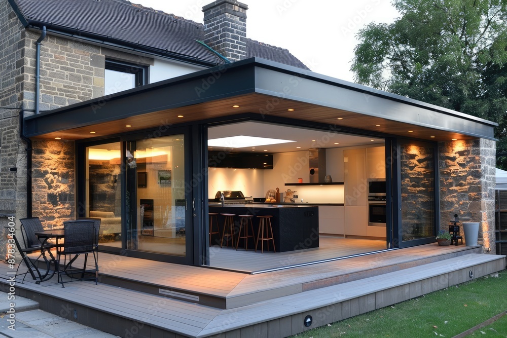 Modern house with extensive glass walls, surrounded by lush greenery. Modern house with extensive glass walls, surrounded by lush greenery.