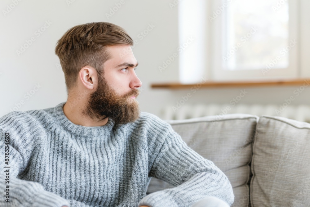 Thoughtful Bearded Man in Cozy Sweater Gazing Through Window Thoughtful Bearded Man in Cozy Sweater Gazing Through Window