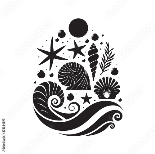 Set of different black sea shells and starfish vector illustration