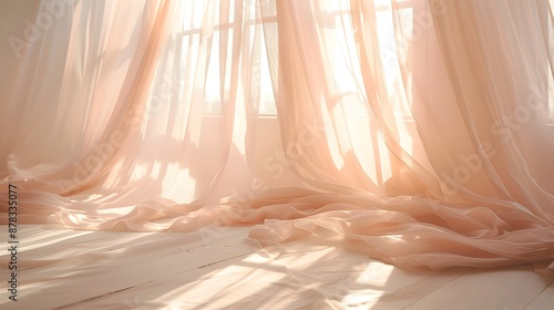 Light pink sheer curtains billowing in the wind, creating an ethereal and dreamy atmosphere inside a sunlit room with white walls.