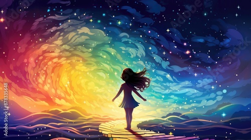 little girl in colorful magical world illustration