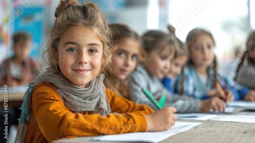 Back to school, students in a classroom, little girl smiling 