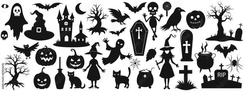 Fototapeta premium set of dark silhouettes for Halloween, gloomy collection