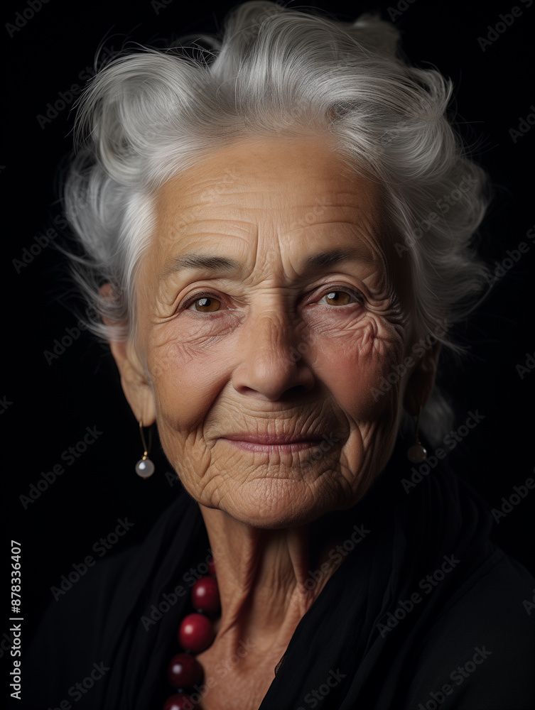 Elderly woman with serene smile, showing wisdom and grace against dark background. Elderly woman with serene smile, showing wisdom and grace against dark background.