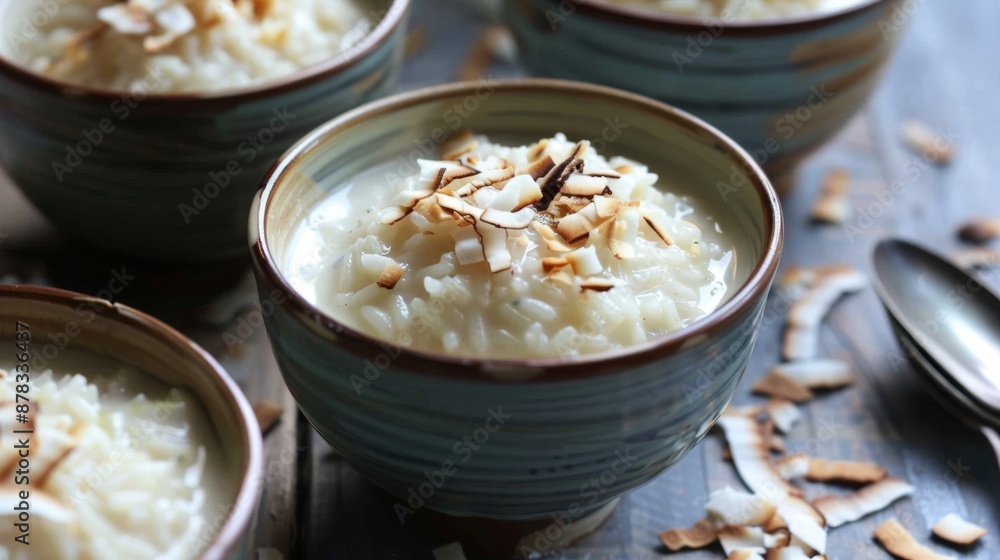 Creamy Coconut Rice Pudding in Ceramic Bowls with Toasted Almonds Creamy Coconut Rice Pudding in Ceramic Bowls with Toasted Almonds