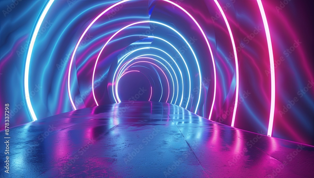 3D Render of Abstract Neon Background with Glowing Blue and Pink Lines Forming a Tunnel or Corridor on Dark Empty Floor, Futuristic and Dynamic Light Concept 3D Render of Abstract Neon Background with Glowing Blue and Pink Lines Forming a Tunnel or Corridor on Dark Empty Floor, Futuristic and Dynamic Light Concept