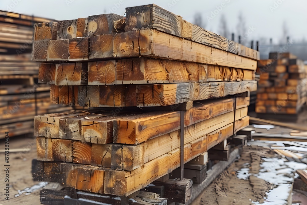 Stacked Timber Beams in a Lumber Yard Stacked Timber Beams in a Lumber Yard