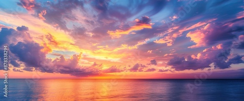 A vivid sunset over a calm ocean with dramatic clouds painted in hues of orange, pink, and purple. © Rustam