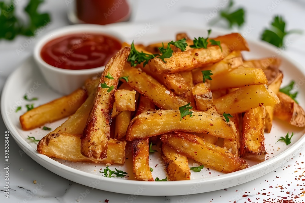 Crispy Seasoned French Fries with Ketchup on a White Plate Crispy Seasoned French Fries with Ketchup on a White Plate