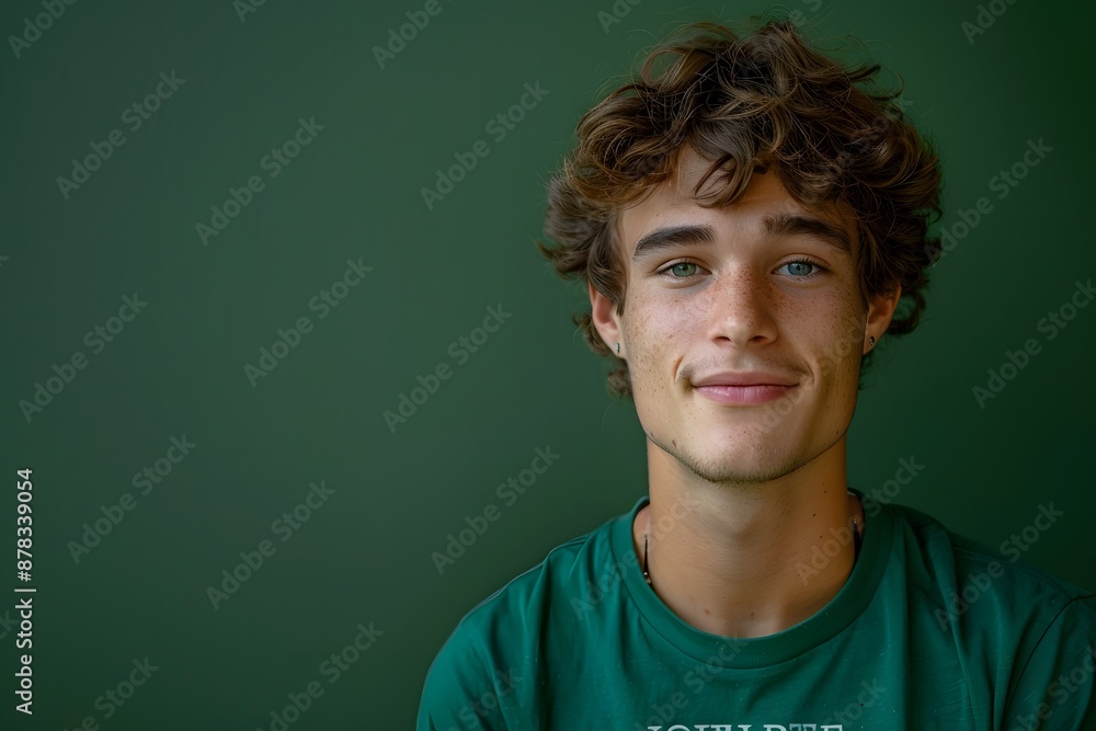 Young Man with Curly Hair Smiling Against Green Background Young Man with Curly Hair Smiling Against Green Background