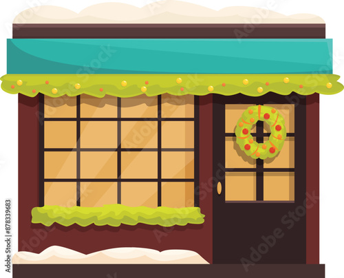 Small business storefront decorated for christmas with a wreath and garland