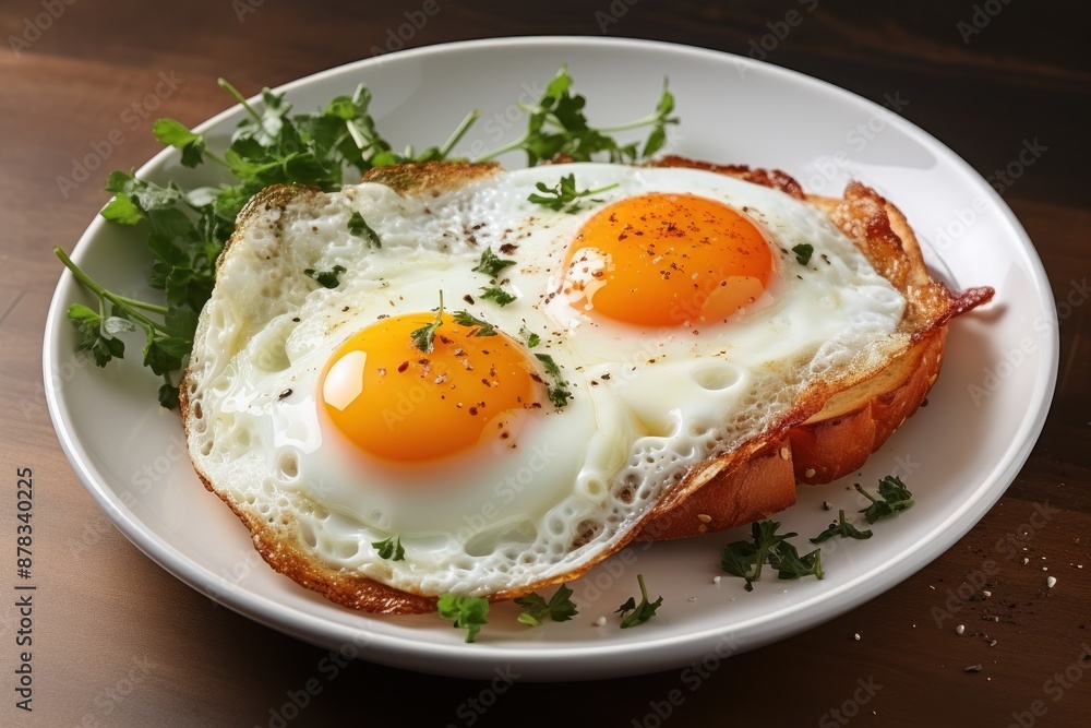 Two sunny-side up eggs on toast with herbs Two sunny-side up eggs on toast with herbs