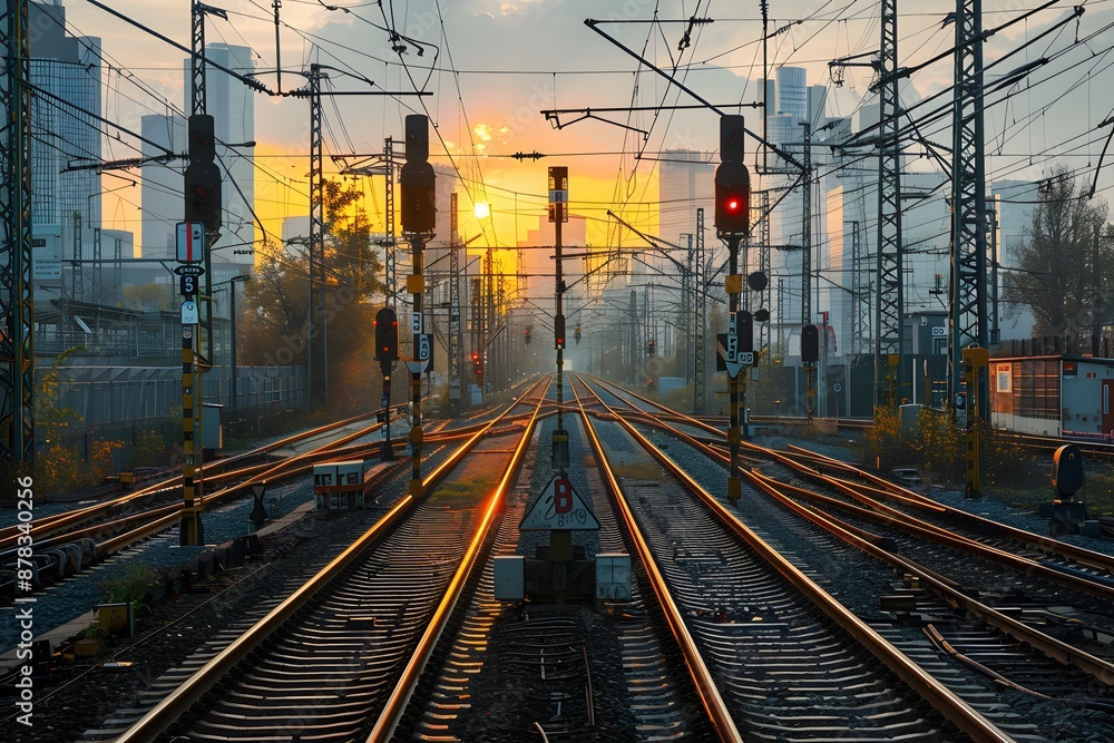 Urban Railway Tracks at Sunset with City Skyline in the Background Urban Railway Tracks at Sunset with City Skyline in the Background